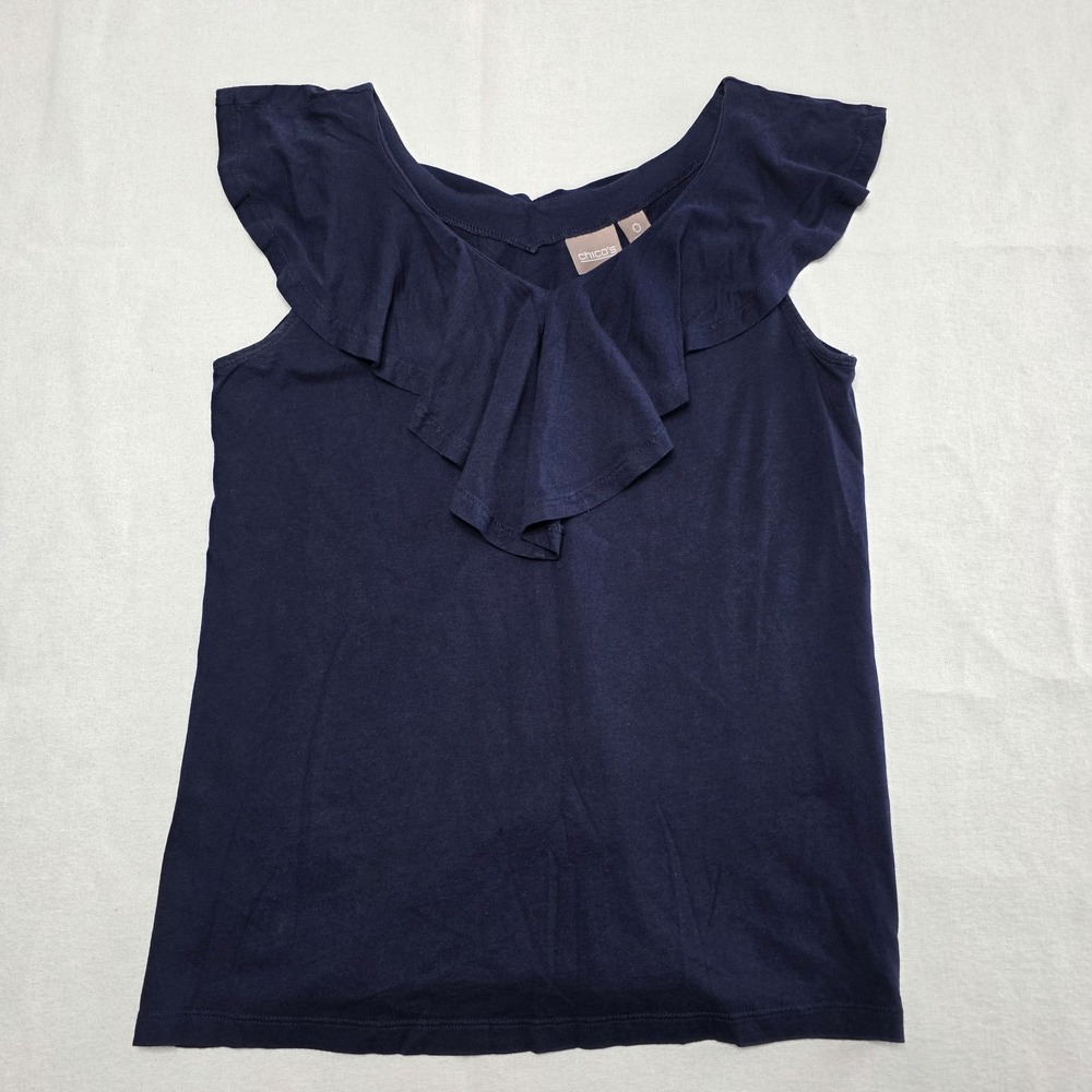 Chico's Blouse Tops Ruffle Small 0 Navy Sleeveless Lightweight Career Layer